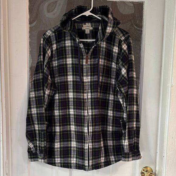 LL Bean Men’s Blue and White Plaid Hooded Zip Up Light Jacket Size 2X - Picture 1 of 6